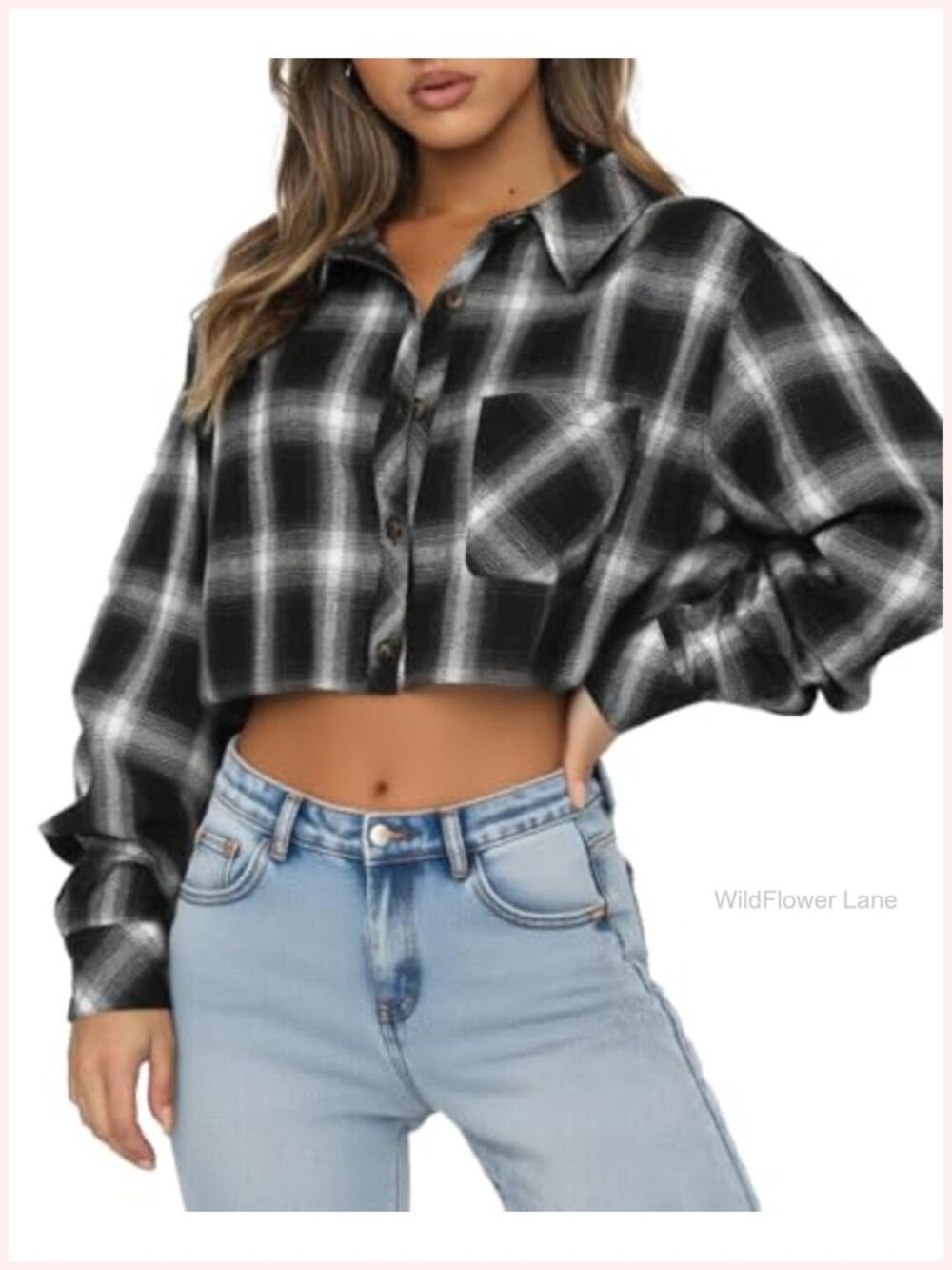 Cropped Flannel Button Down Shirt for Women Long Sleeve Plaid Blouse